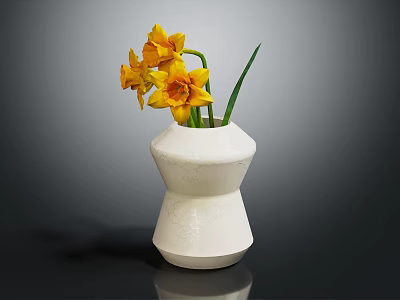 Yellow Daffodils With Green Leaves Arranged In White Modern Vase Decoration 3d model