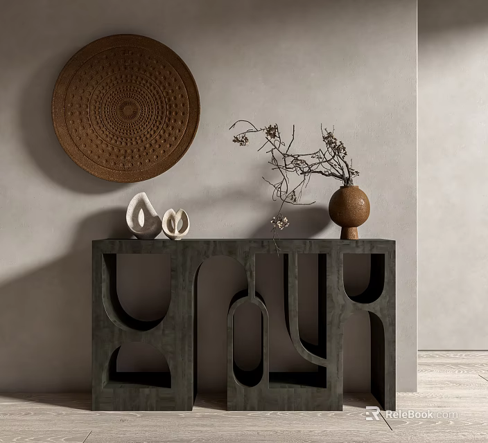Modern Console Table With Geometric Cutout Design And Vase With Dried Branches 3d model