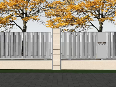 Modern Building Exterior Wall With Metal Fence Light Colored Design Surrounded By Yellow Leaf Trees 3d model