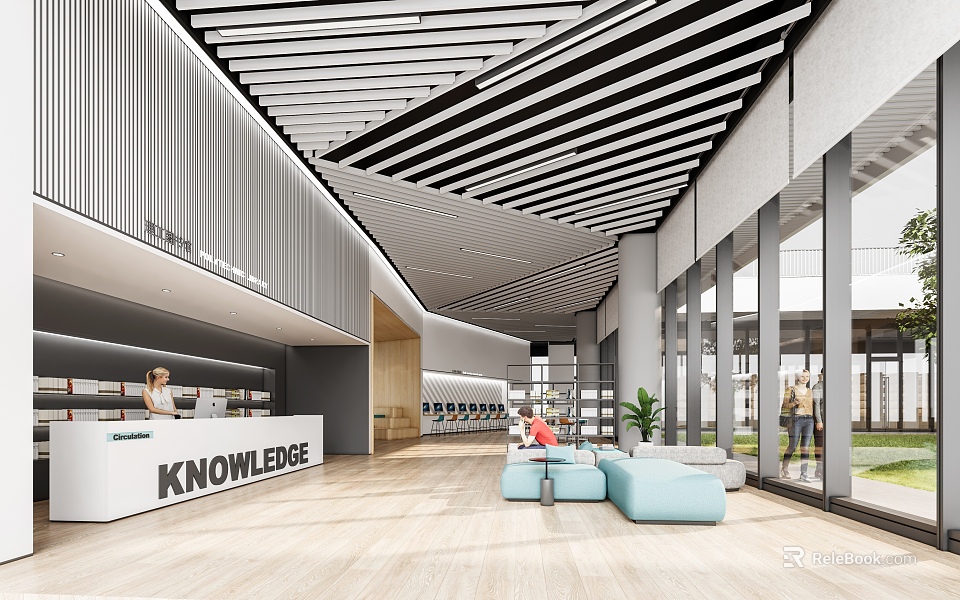 Book Art Library Interior Design Featuring Knowledge Front Desk Bookshelves Reading Area Striped Ceiling Large Windows Blue Sofas Green Plants 3d model 