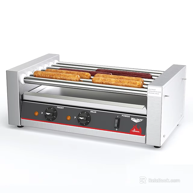 Stainless Steel Hot Dog Roller Grill Kitchen Appliance With Sausages And Control Knobs 3d model 
