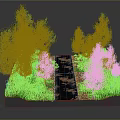 Cartoon Scene with Green Trees Grassy Area Black Path Stones and Yellow Flowers