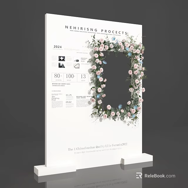 Floral Installation Project Display With Decorative Frame And Pink Blue Flowers 3d model 