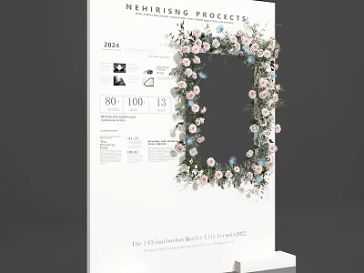 Floral Installation Project Display With Decorative Frame And Pink Blue Flowers 3d model