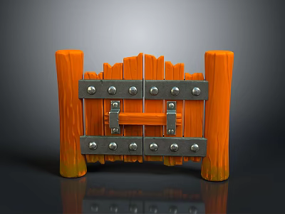 Orange Wooden Gate With Metal Hinges And Nails Supported By Wooden Posts 3d model