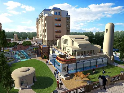 Modern Community Resort With Buildings Green Lawn Camel And People Activities 3d model