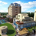 Modern Community Resort With Buildings Green Lawn Camel And People Activities