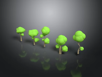 Green Tree Models With Light Colored Trunks And Green Canopies On Black Background With Reflections 3d model