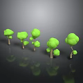 Green Tree Models With Light Colored Trunks And Green Canopies On Black Background With Reflections
