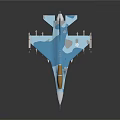 Blue and white fighter jet model with weapons and brown cockpit on dark background