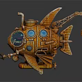 Steampunk Mechanical Fish Featuring Orange Body Blue Windows Pipes Claws And Hook