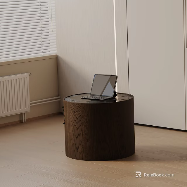 Round Wooden Bedside Table With Laptop In Modern Bedroom With White Blinds And Light Floor 3d model 
