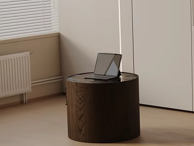 Round Wooden Bedside Table With Laptop In Modern Bedroom With White Blinds And Light Floor 3d model