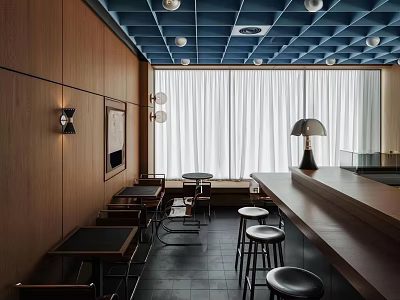 Restaurant Interior with Wooden Walls Blue Acoustic Ceiling Bar Counter Stools and Tables 3d model