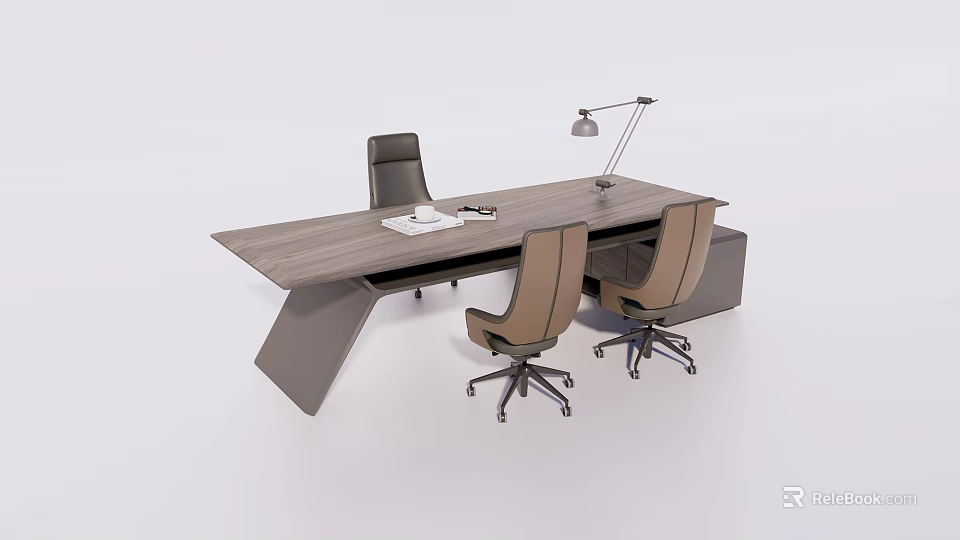 Modern Office Desk With Wooden Top Ergonomic Chairs Table Lamp And Office Supplies 3d model 