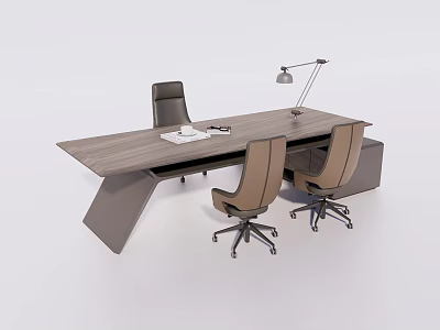 Modern Office Desk With Wooden Top Ergonomic Chairs Table Lamp And Office Supplies 3d model