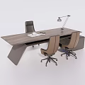 Modern Office Desk With Wooden Top Ergonomic Chairs Table Lamp And Office Supplies