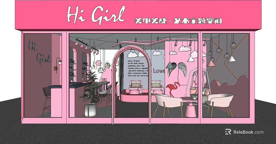 Pink Beauty Hair Salon Interior With Nail Art Eyelash Services And Styling Space 3d model 