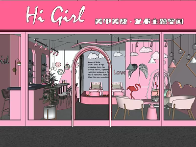 Pink Beauty Hair Salon Interior With Nail Art Eyelash Services And Styling Space 3d model