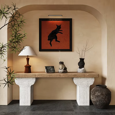 Natural Style Console Table With Stone Top White Pedestal Lamp Vase And Wall Art 3d model