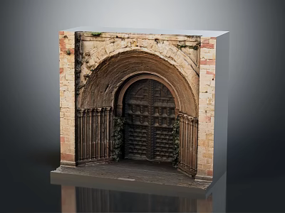 Classic Historical Arched Entrance Gate With Stone Brick Frame And Wooden Metal Door Design 3d model