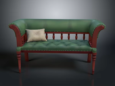 Green Leather Sofa Bench With Red Wooden Armrests Tufted Details And Light Cushion 3d model