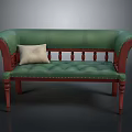 Green Leather Sofa Bench With Red Wooden Armrests Tufted Details And Light Cushion