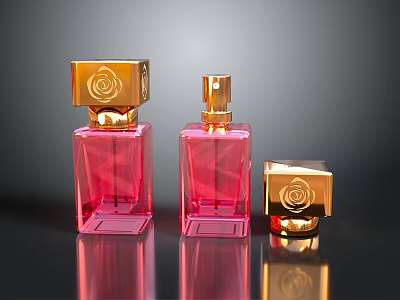 Woman Displaying Elegant Pink Perfume Bottles With Gold Rose Cap Design 3d model