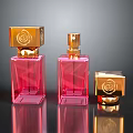 Woman Displaying Elegant Pink Perfume Bottles With Gold Rose Cap Design