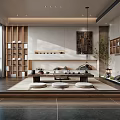 Modern Japanese Tea Room with Wooden Shelves Tatami Low Table Green Plants and Decorative Art
