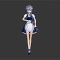 Game And Movie Character With Blue Gray Hair Wearing Blue White Maid Outfit Holding Mop