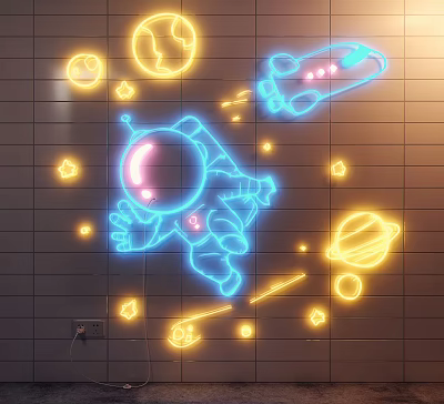 Blue Astronaut Themed Neon Decorative Lights With Yellow Planets And Rocket On Gray Tile Wall 3d model