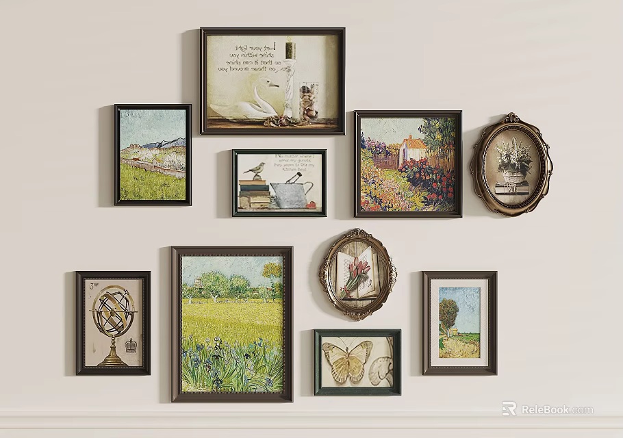 Decorative Framed Artworks Arranged On White Wall 3d model