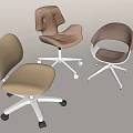 Three Office Chairs in Light Gray Brown and Dark Brown with White Bases and Wheels