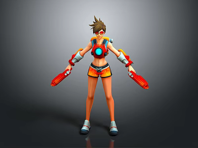 Short Hair Female 3D Character With Goggles Orange Blue Outfit Red Weapons Standing Pose 3d model