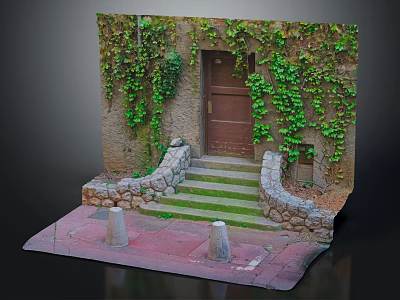 Entrance Gate Surrounded by Green Vines with Stone Steps Stone Walls and Red Ground 3d model