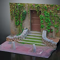 Entrance Gate Surrounded by Green Vines with Stone Steps Stone Walls and Red Ground