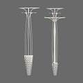 Two Modern Outdoor Lights With Tall Slim Poles Umbrella Shaped Tops And Textured Bases