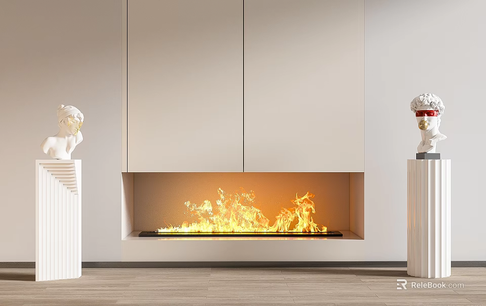 Modern Fireplace Featuring Burning Flames Light Colored Wall Cabinets And White Sculptures On Both Sides 3d model 