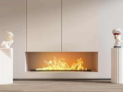 Modern Fireplace Featuring Burning Flames Light Colored Wall Cabinets And White Sculptures On Both Sides 3d model