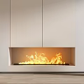 Modern Fireplace Featuring Burning Flames Light Colored Wall Cabinets And White Sculptures On Both Sides