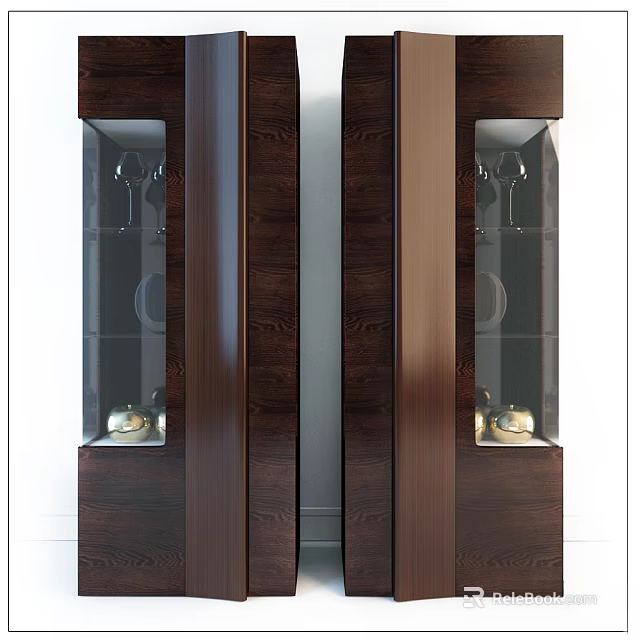 Modern Dark Wooden Dresser Featuring Glass Doors And Wine Glasses Decorative Items 3d model 