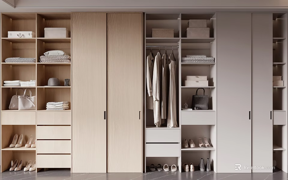 Modern Light Wood Wardrobe Interior With Hanging Clothes Drawers And Shoe Storage 3d model 