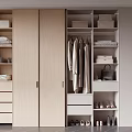 Modern Light Wood Wardrobe Interior With Hanging Clothes Drawers And Shoe Storage