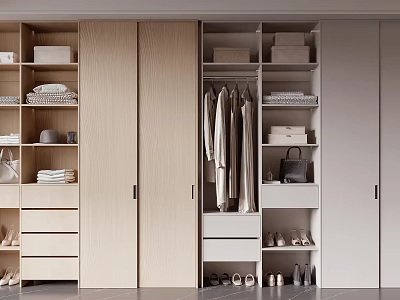 Modern Light Wood Wardrobe Interior With Hanging Clothes Drawers And Shoe Storage 3d model