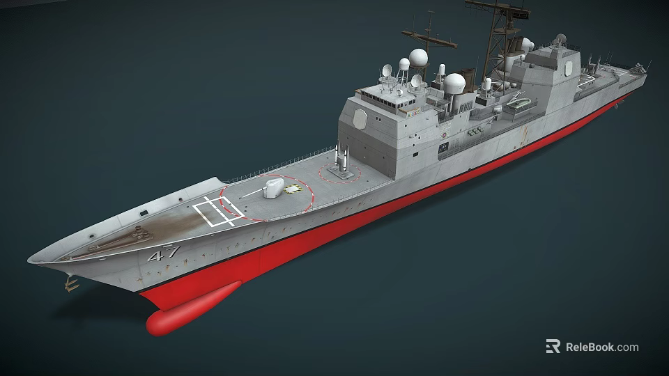 Gray And Red Warship Model With Superstructure And Antennas On Deck 3d model 