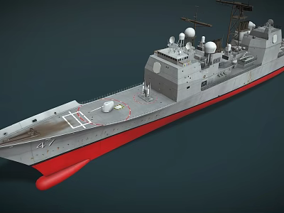 Gray And Red Warship Model With Superstructure And Antennas On Deck 3d model