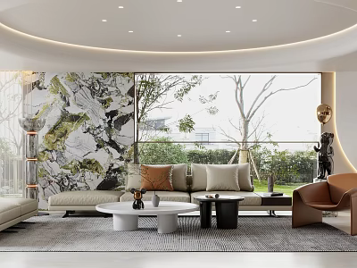 Modern Open Concept Living Dining Room Interior With Large Windows Mural And Green Plants 3d model