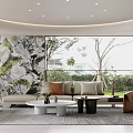 Modern Open Concept Living Dining Room Interior With Large Windows Mural And Green Plants