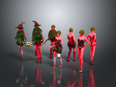 Group Of People In Diverse Costumes Including Witch Hats And Short Dresses Standing Together 3d model